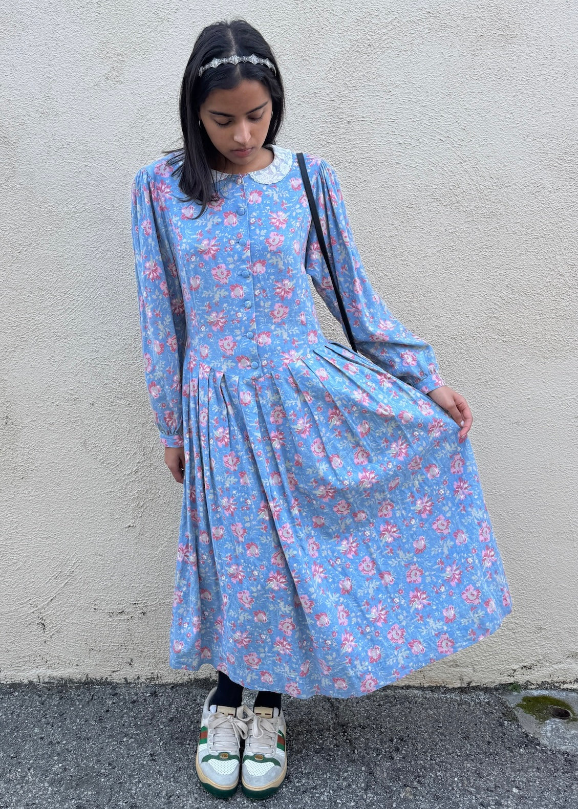 pink and blue long sleeve dress Laura Ashley Floral – The Curatorial Dept Color:Polkadot Black Polo with Brown Chapel Train 8 fourthofjuly23