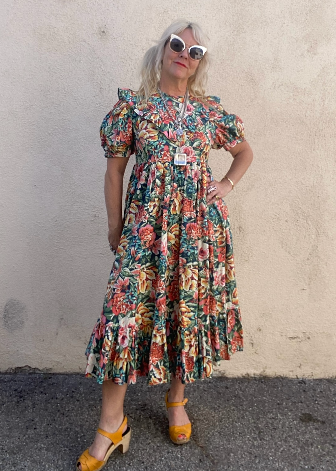 batsheva green dress + Laura Ashley Orange Floral roberto cavalli kaftan dress