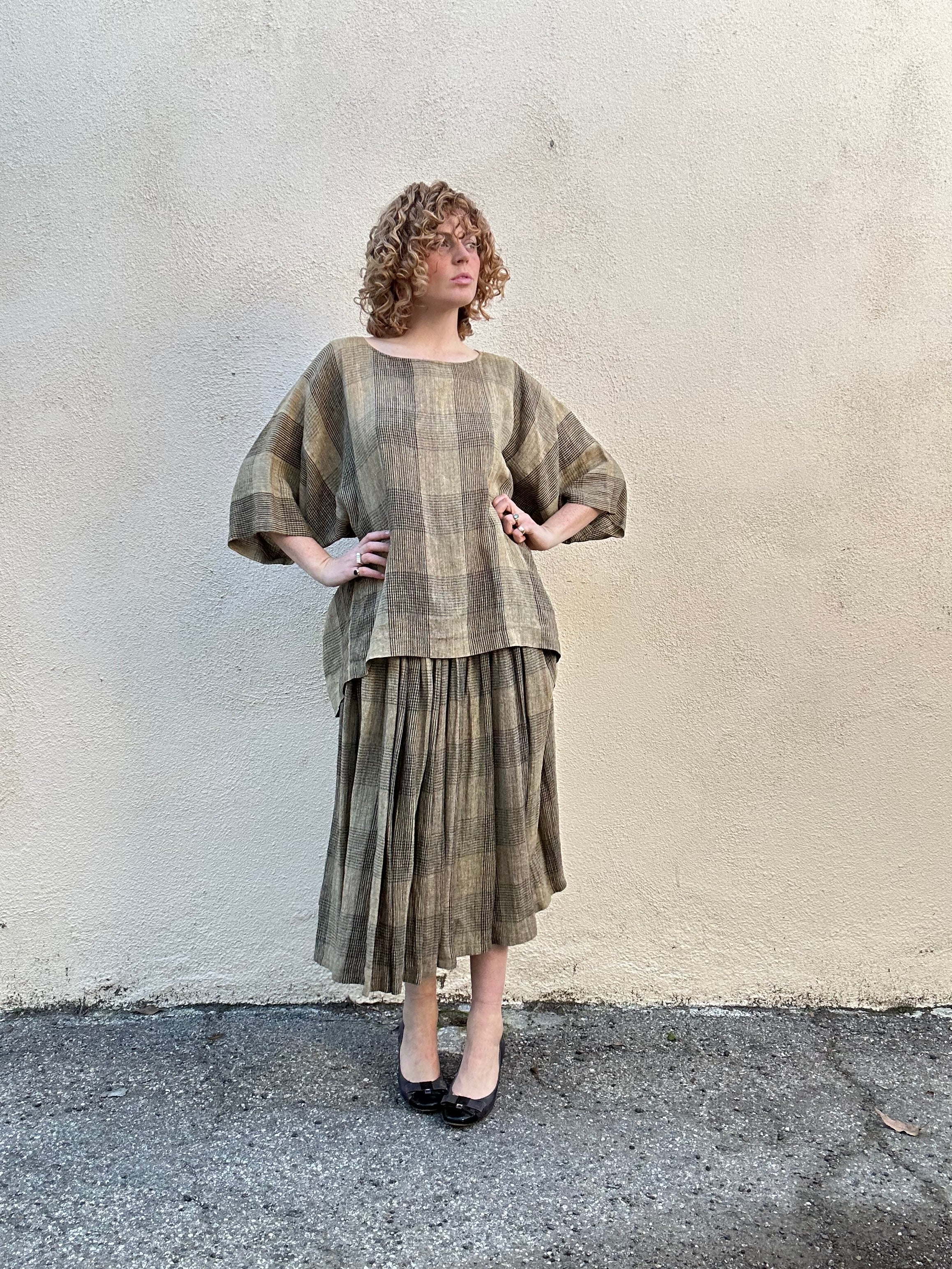 Vintage 1980s Issey Miyake Brown Plaid Linen 2 Piece Set – The