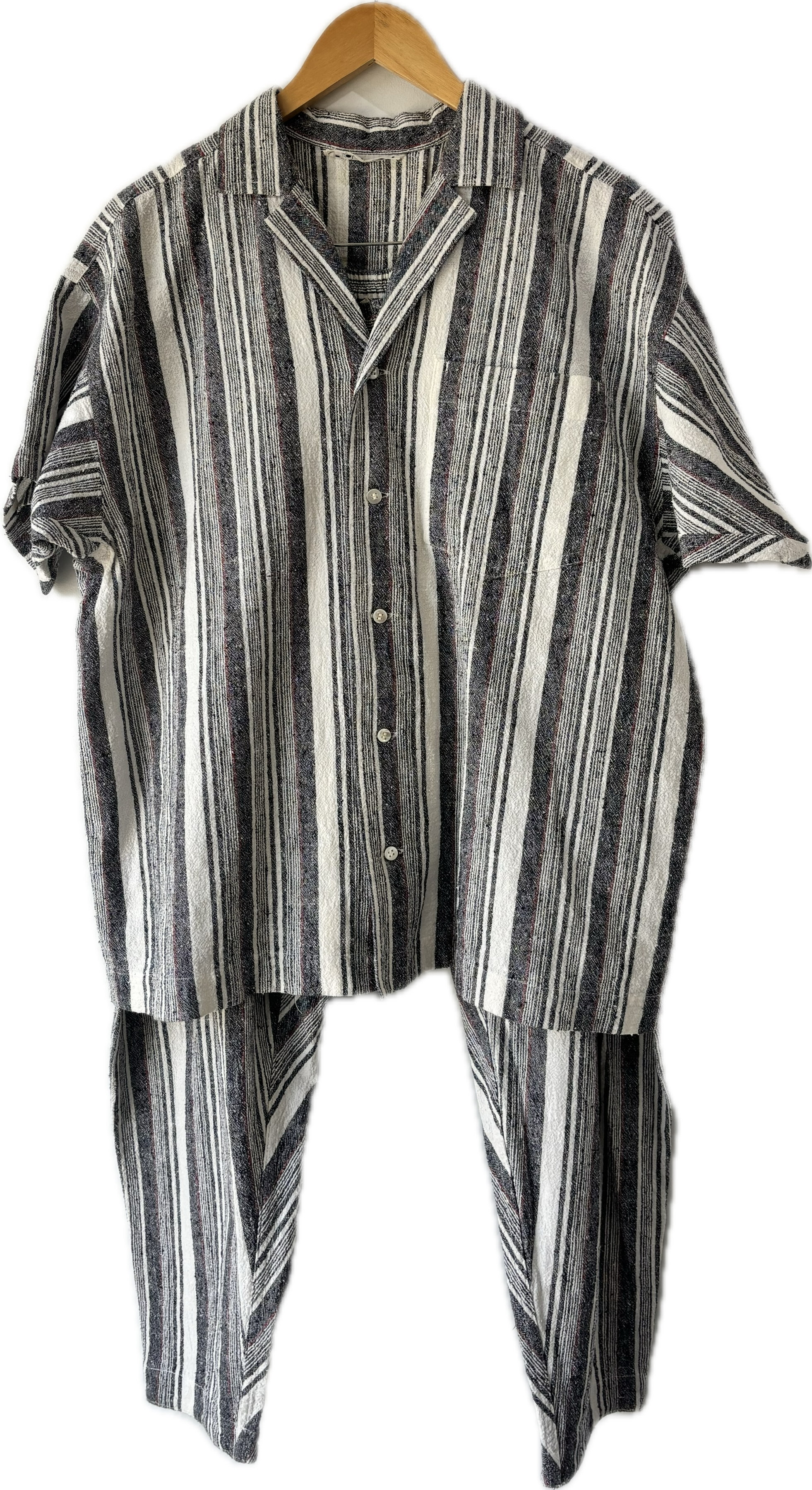 Issey Miyake Plantation Blue Grey & White Striped Pants Suit