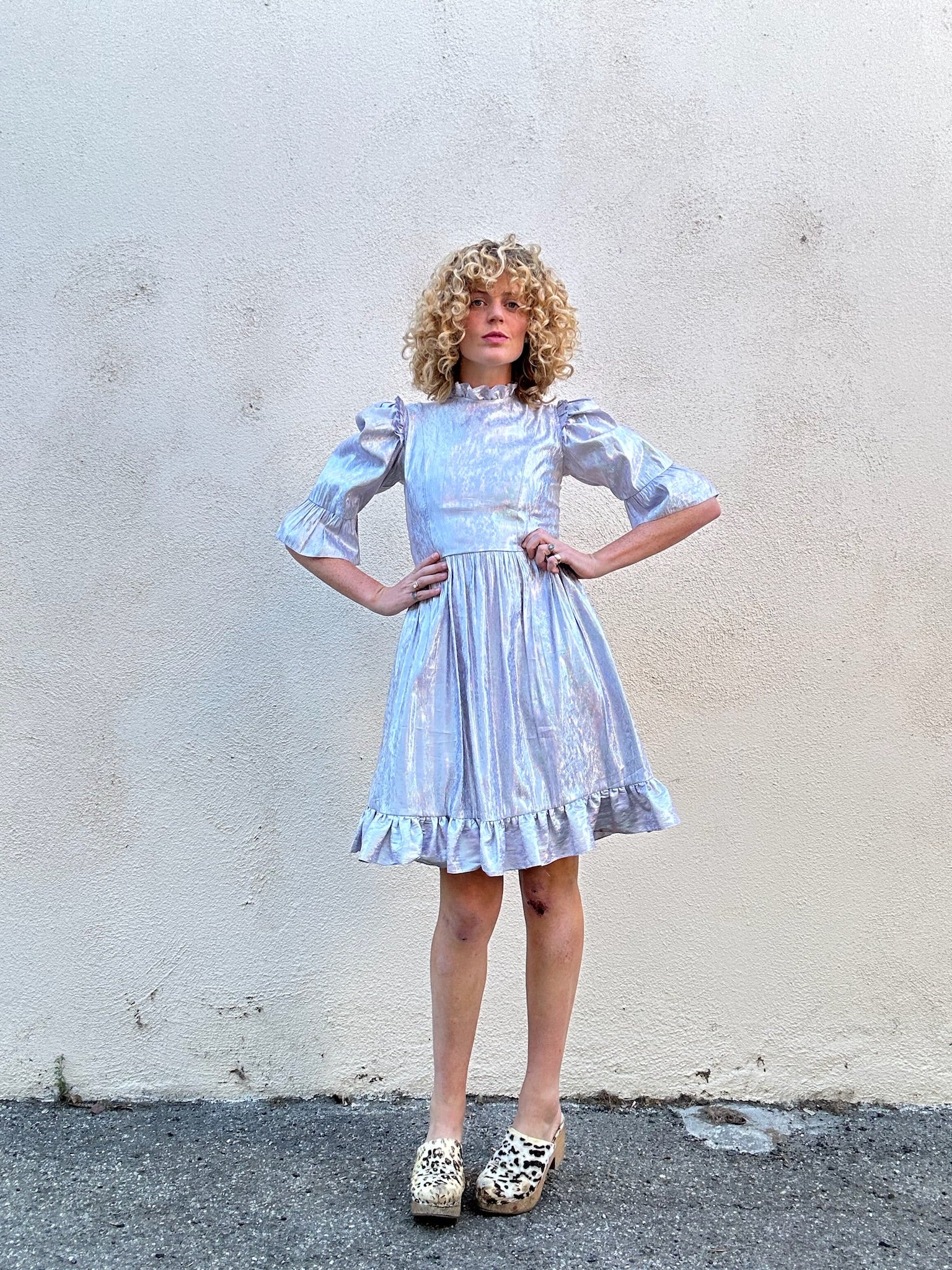 blue holographic dress Lace-Up Open-Front Dress