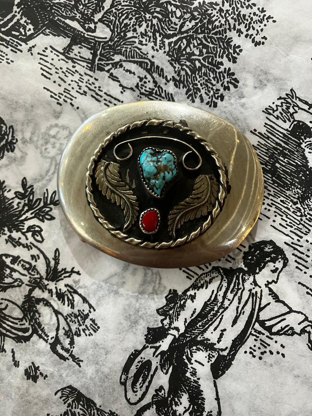 Vintage Sterling Silver Turquoise and Coral Belt Buckle