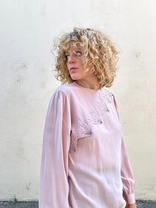 Vintage Pink Beaded Silk Top with Jagged Edge