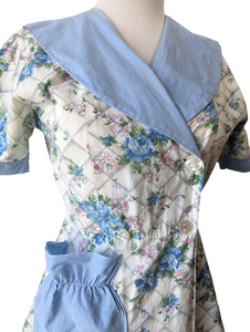 Vintage White and Blue Floral Print Cotton Apron-Style Top