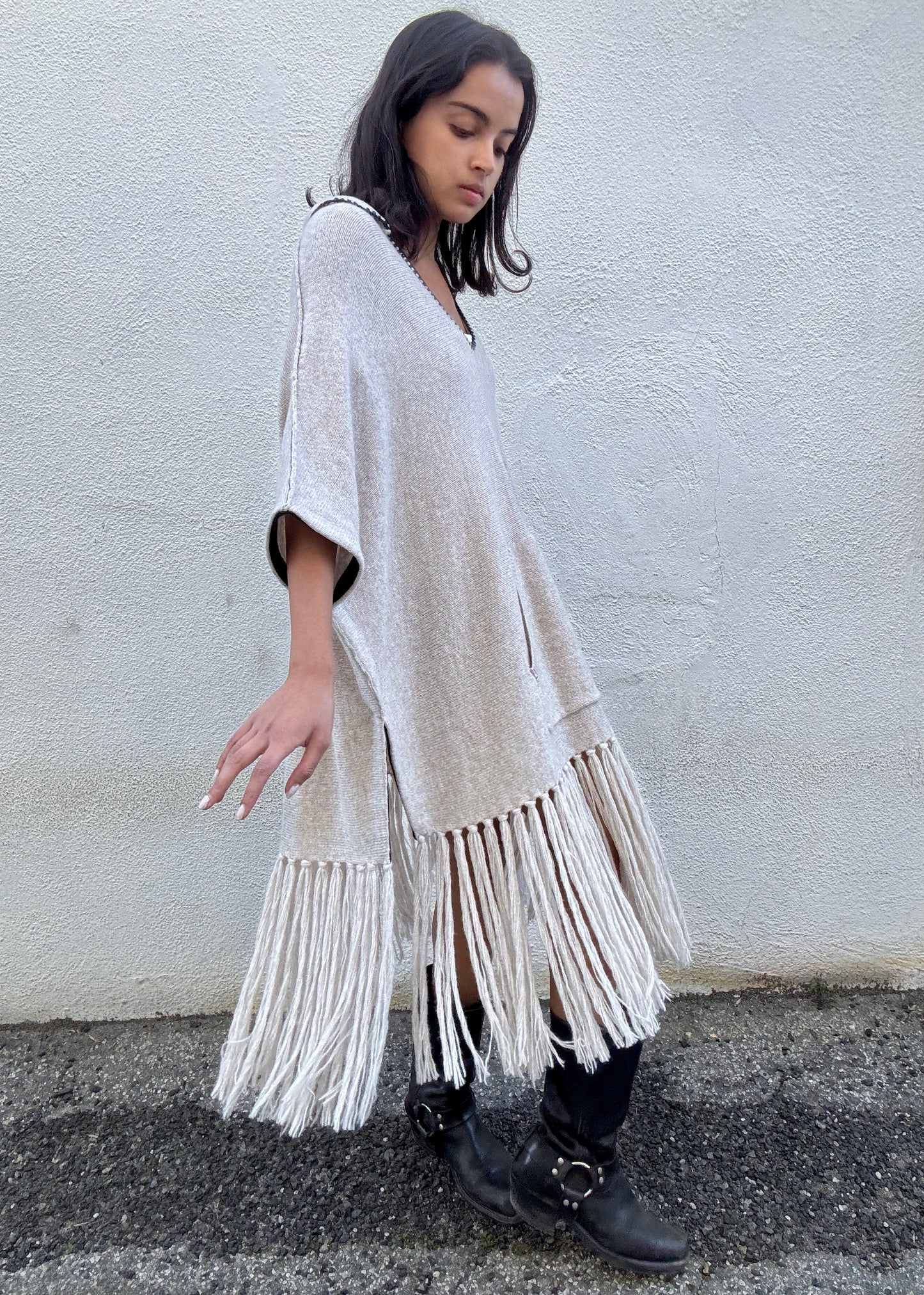 Raquel Allegra Oatmeal Cashmere Blend Long Fringed Poncho - The Curatorial Dept.