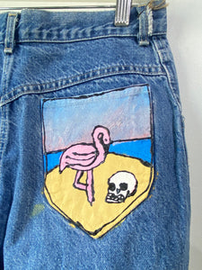 Vintage Chic Hand Painted Flamingo Jeans