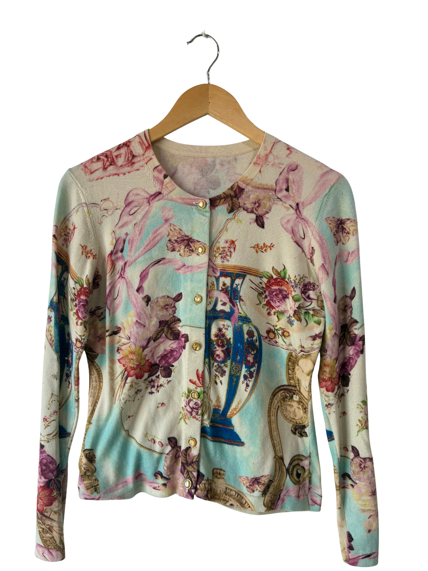 Vintage Mint and Cream Floral and Butterfly Print Cardigan - The Curatorial Dept.