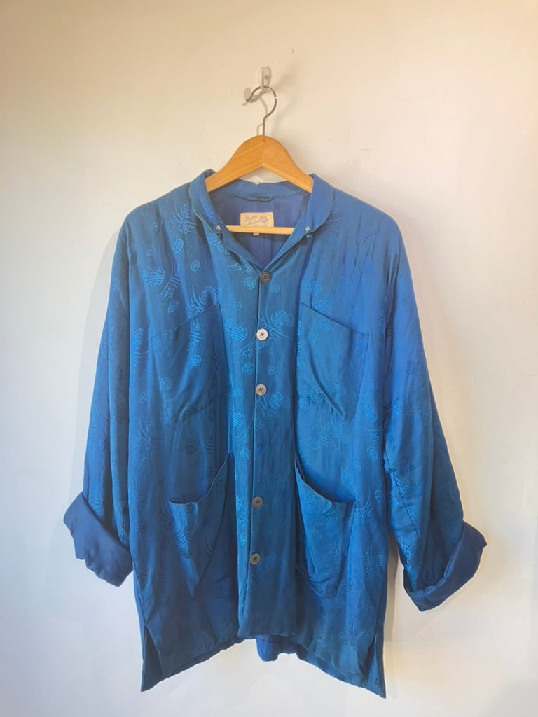 Vintage Chinese Silk Brocade Jacket in Ocean Blue