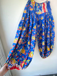 Vintage Blue Fruit Print Balloon Pants