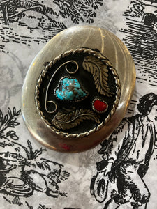 Vintage Sterling Silver Turquoise and Coral Belt Buckle