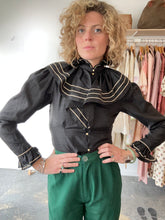 Vintage Genet Amant Black Ruffle Silk Blouse with Gold Piping