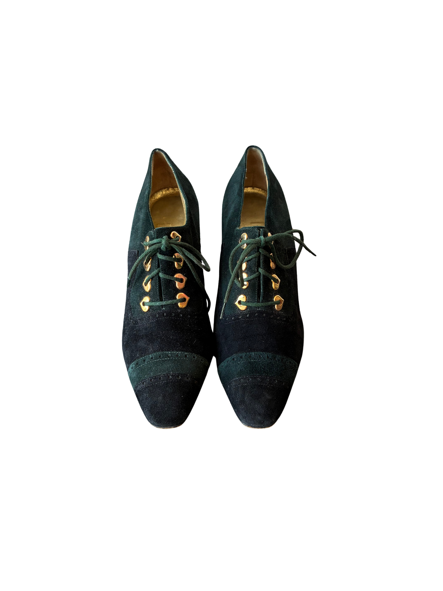 Vintage Escada Green Suede Heart Detail Lace-Ups 7.5 - The Curatorial Dept.