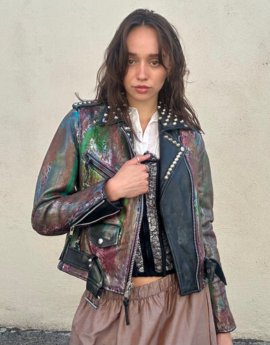 Paint and Studs Black Leather Jacket