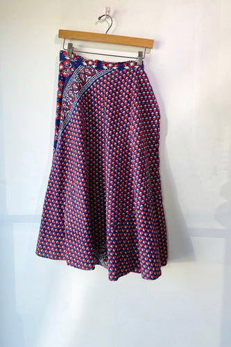 Vintage Red White Blue Block Printed Wrap Skirt