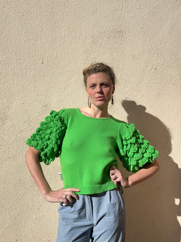 Stella Pardo Paris Kelly Green Crochet Sleeves Sweater