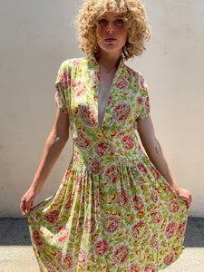 Vintage 1940s Green and Orange Print Dress