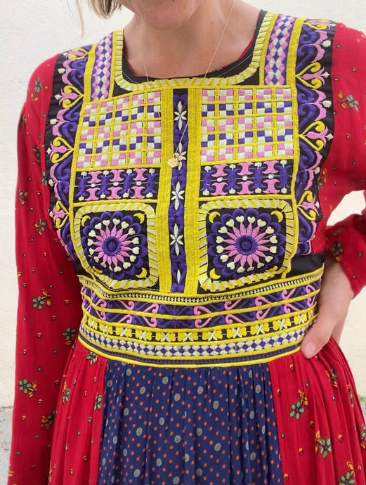 Vintage Embroidered Afghani Mixed Print Midi Dress
