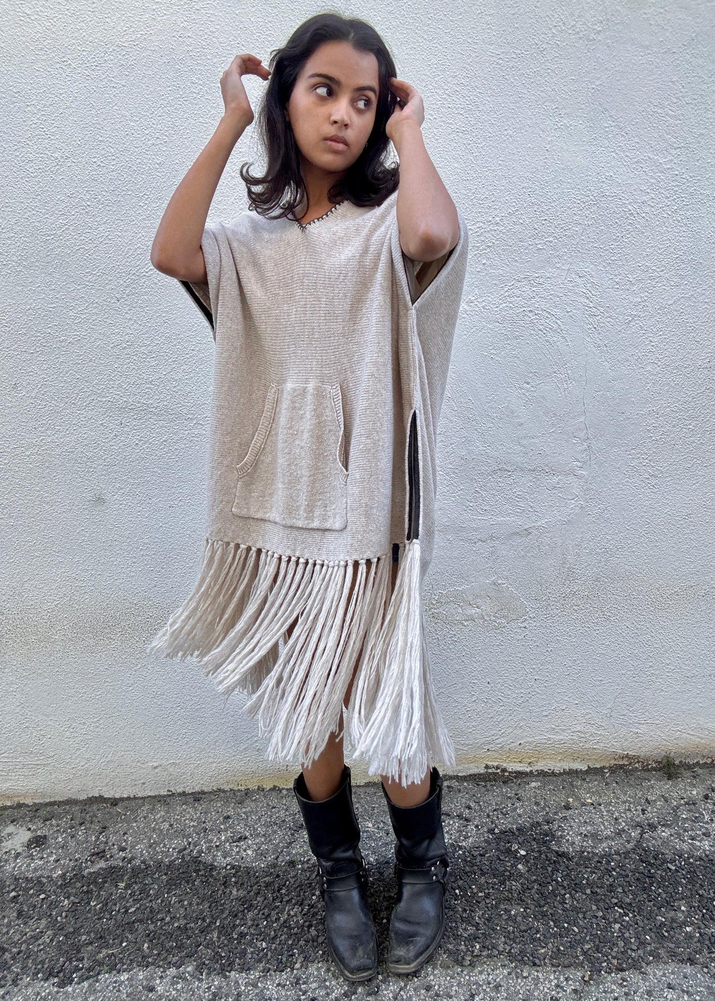Raquel Allegra Oatmeal Cashmere Blend Long Fringed Poncho - The Curatorial Dept.