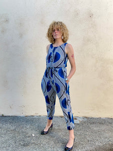 Blue Geometric Print Sleeveless Jumpsuit