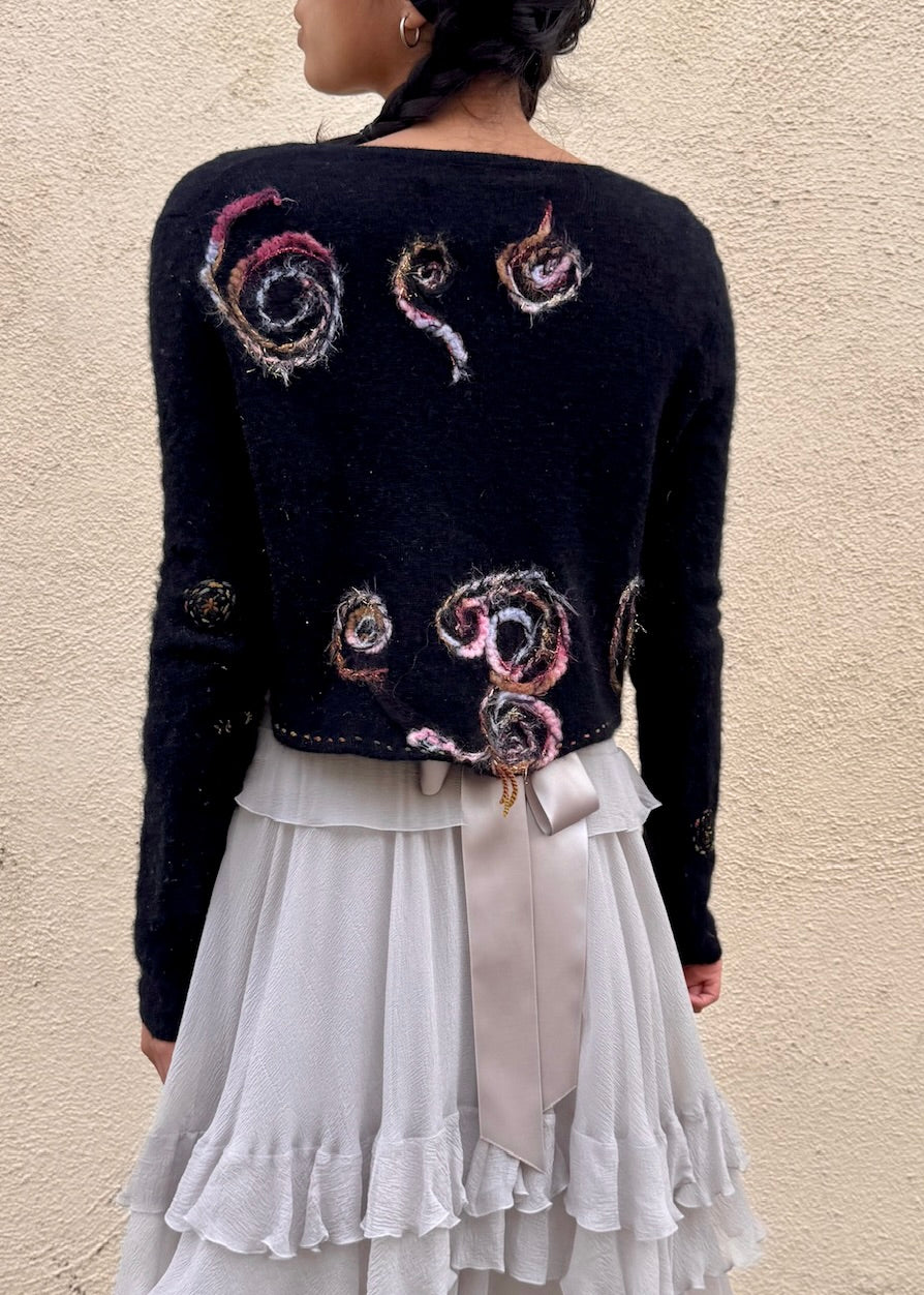 Grau Black Cashmere Shrug with Spiral Stitching - The Curatorial Dept.