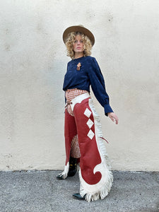 Vintage Red and White Fringe Leather Chaps