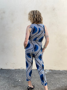 Blue Geometric Print Sleeveless Jumpsuit