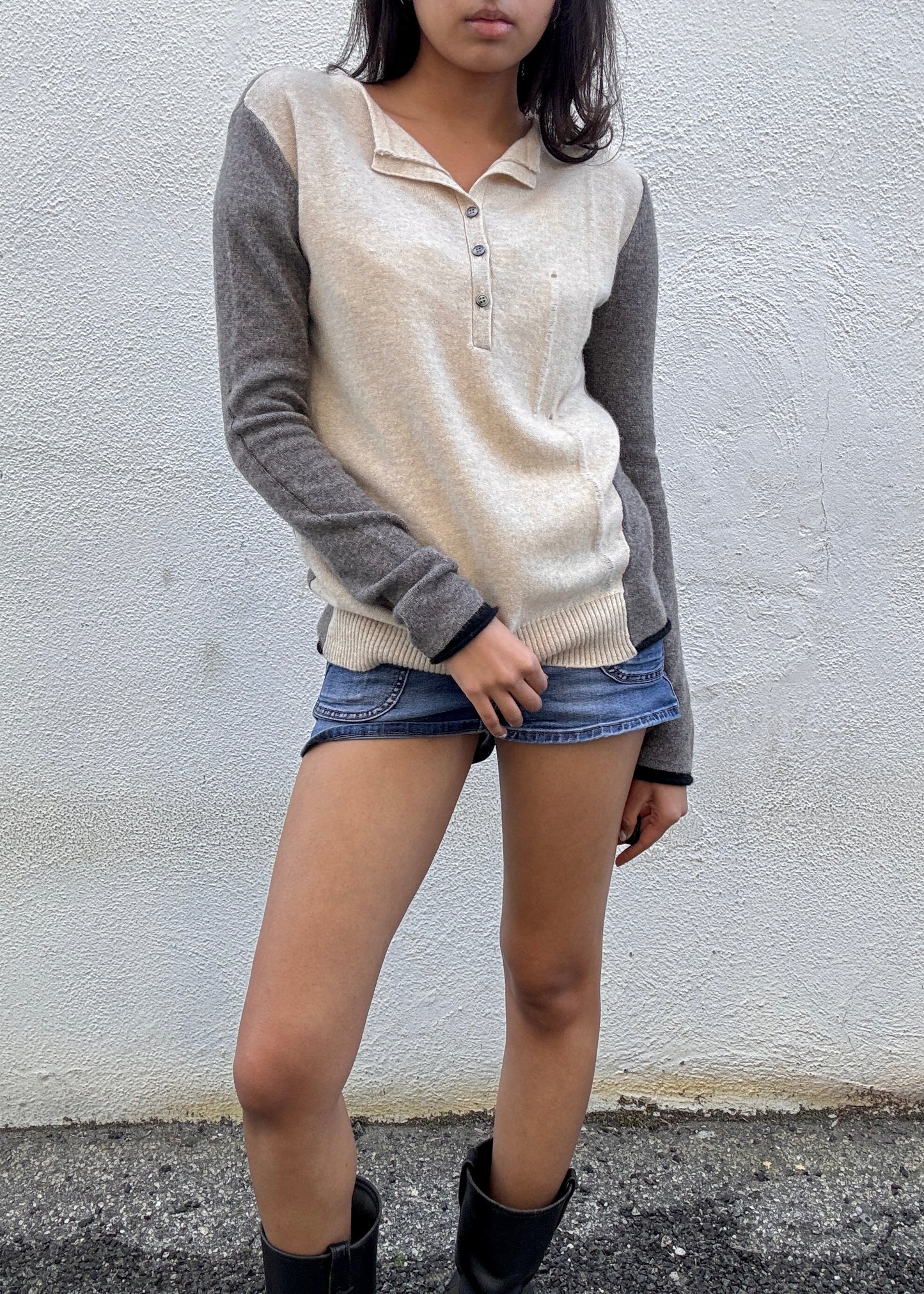 Raquel Allegra Cream and Grey Cashmere Sweater - The Curatorial Dept.