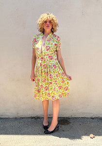 Vintage 1940s Green and Orange Print Dress