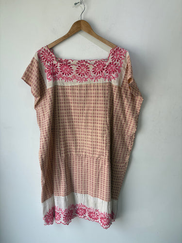 Vintage Pink Plaid Dress Caftan with Pink + White Lace Detail