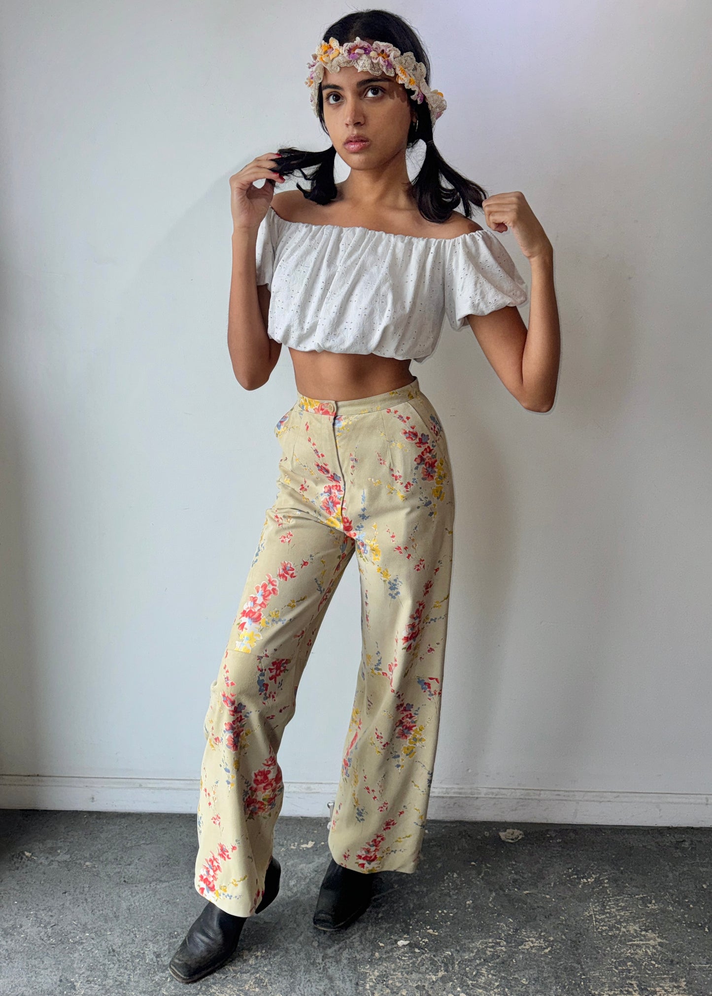 Vintage Emanuel Ungaro Tan Suede Metallic Floral Pants - The Curatorial Dept.