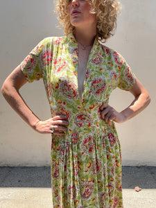 Vintage 1940s Green and Orange Print Dress