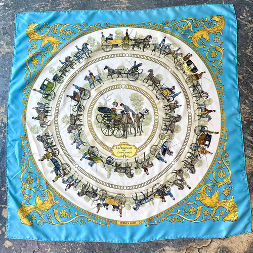 Hermès “La Promenade de Longchamps” Blue Silk Scarf by Philippe Ledoux
