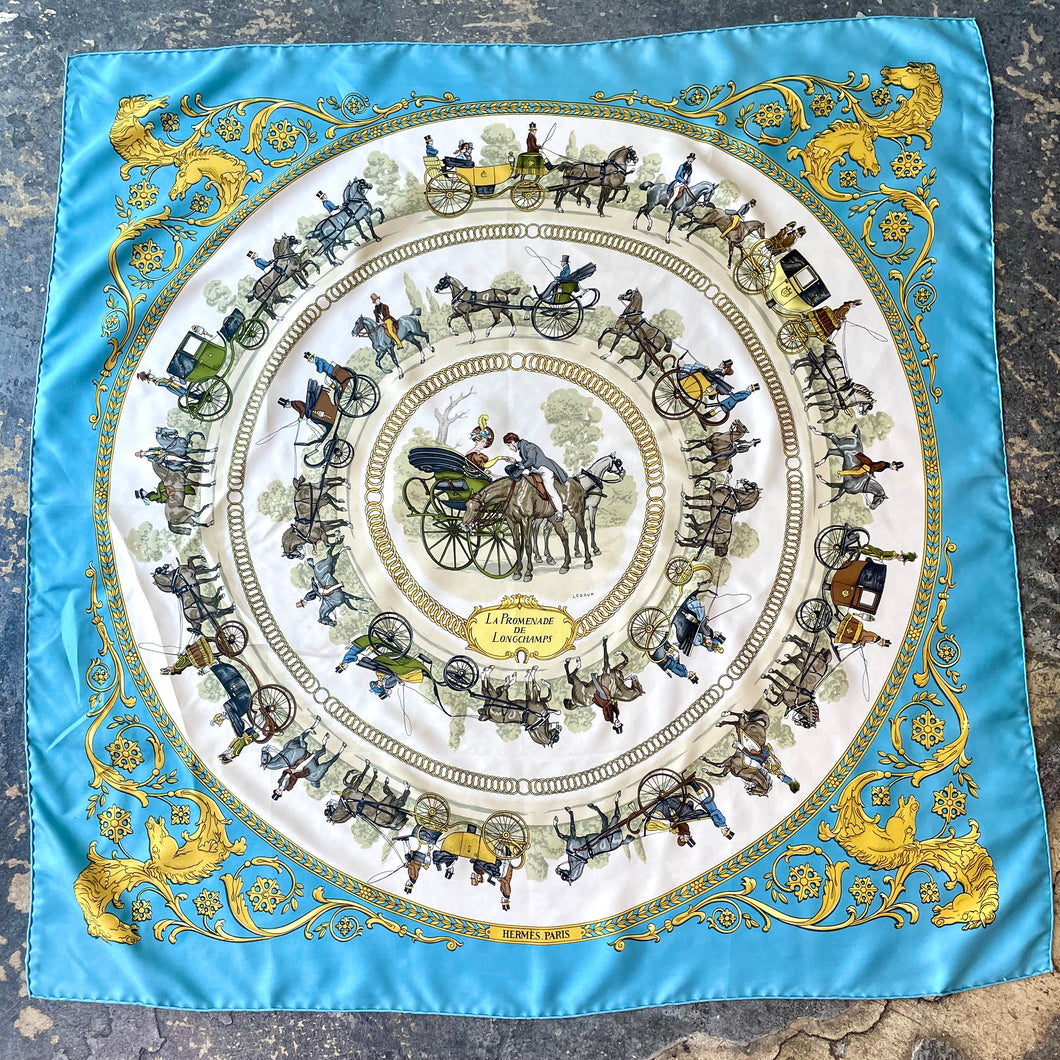 Hermès “La Promenade de Longchamps” Blue Silk Scarf by Philippe Ledoux