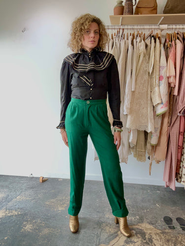 Electric Feathers Green Raw Silk Noil Trousers