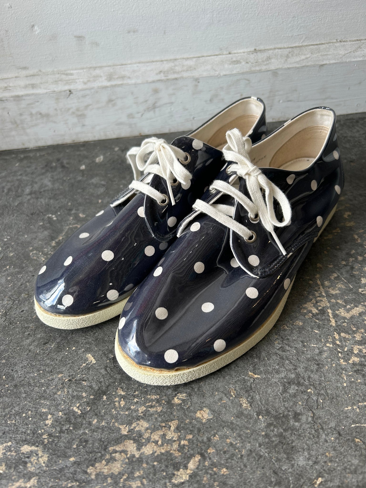 Comme des Garcons Girl Navy Polka Dot Plastic Layer Shoes The Curatorial Dept