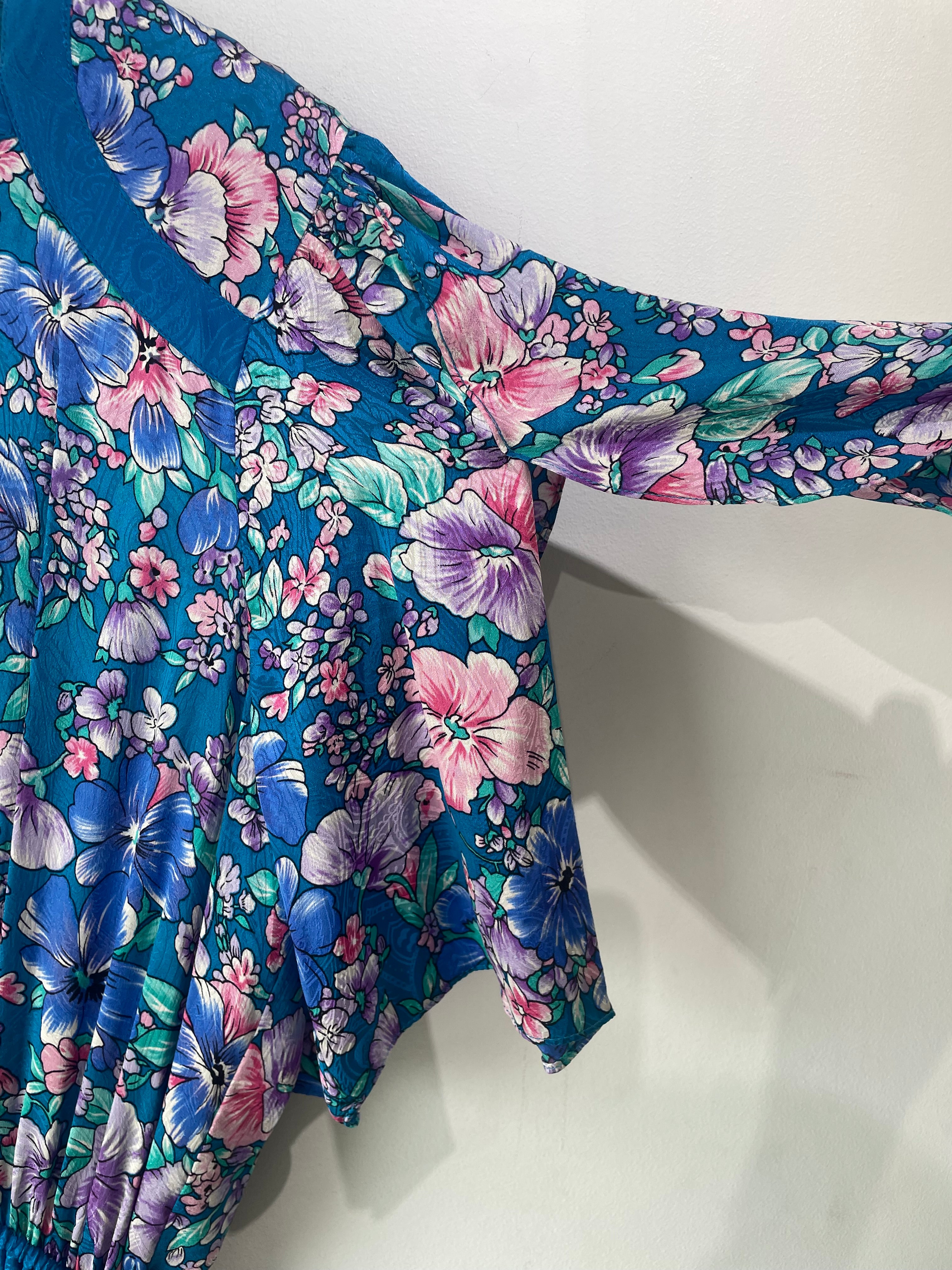 Vintage Diane Freis Teal Blue Multi Silk Dress