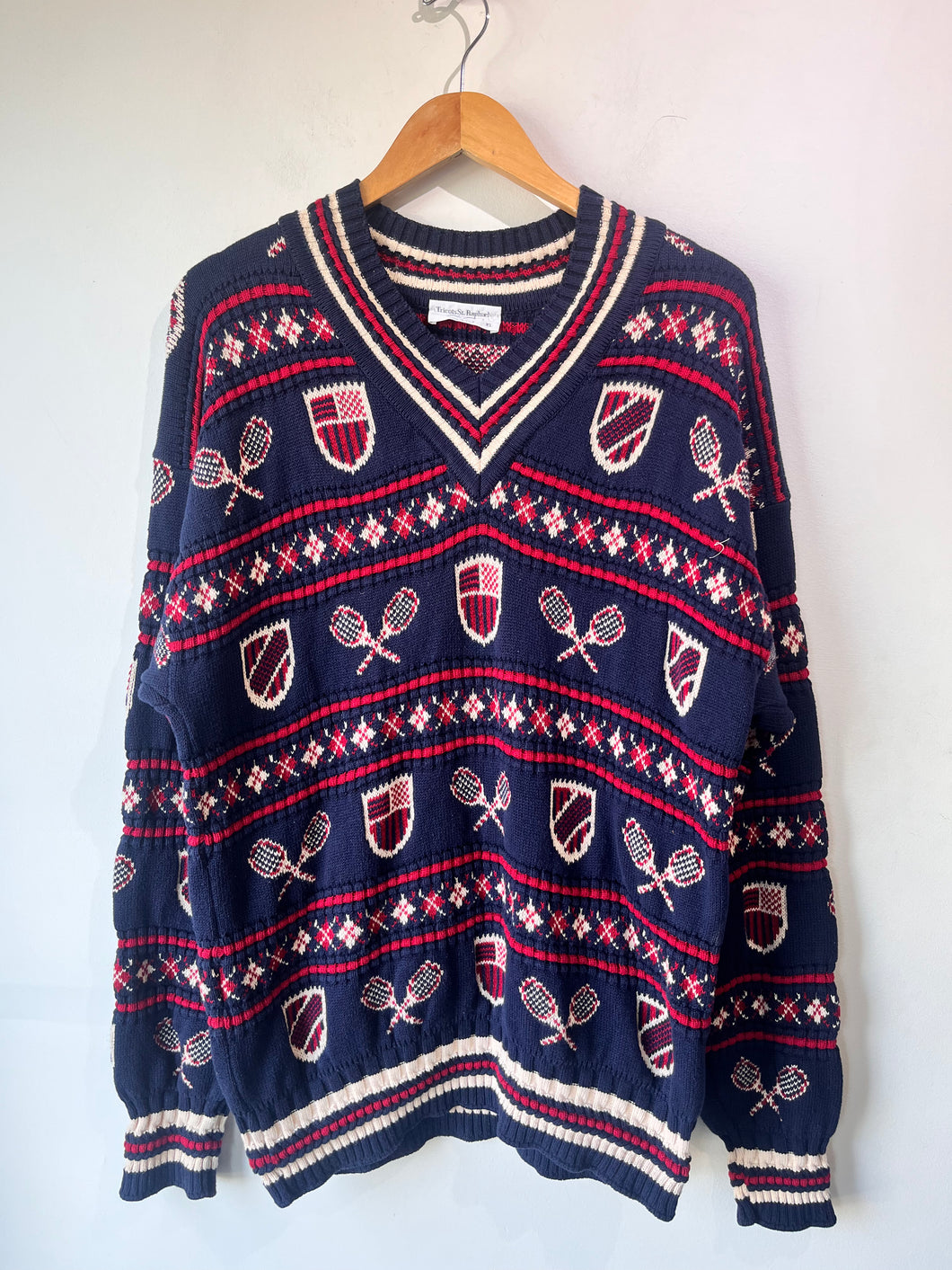 Vintage Tricot St. Raphael Navy, Red & White Tennis Sweater