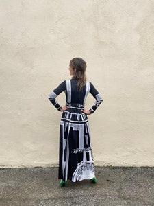 Vintage Black and White Pattern Maxi Dress with Rhinestones