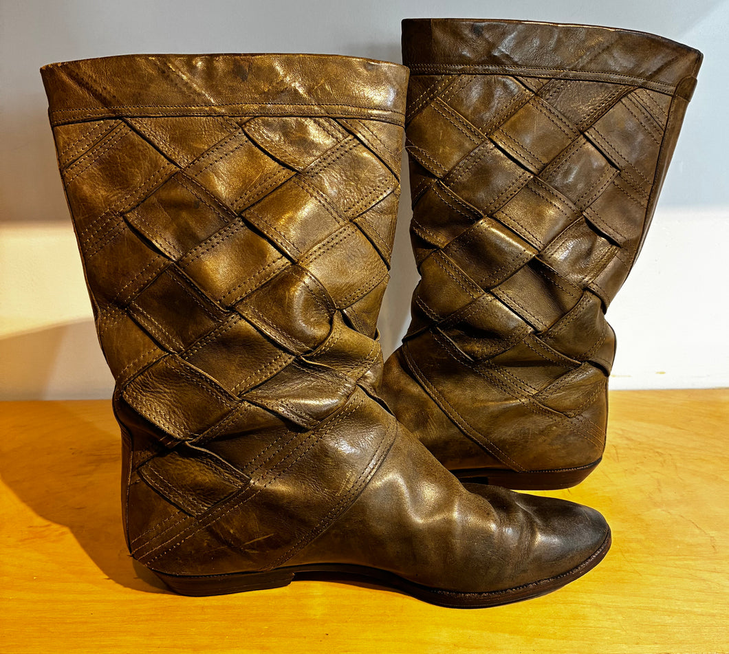 Nordstrom 1980s Brown Leather Woven Boots Sz 38/7.5 US