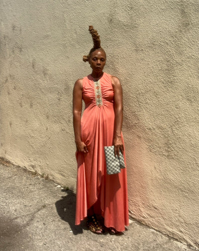 VIntage Coral Poly 1970s Maxi Dress