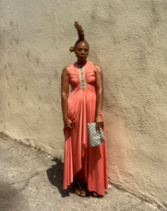 VIntage Coral Poly 1970s Maxi Dress