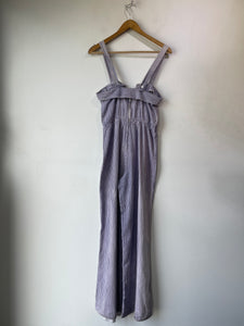 Purple & White Cotton Striped Wide Leg Overalls