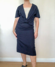 1940s Vintage Navy Collared Bow Dress with Lace Bib