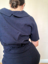 1940s Vintage Navy Collared Bow Dress with Lace Bib