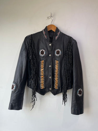 Vintage Black Leather Fringe Beaded Turtle Jacket