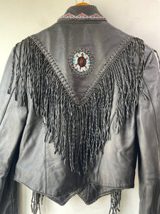 Vintage Black Leather Fringe Beaded Turtle Jacket