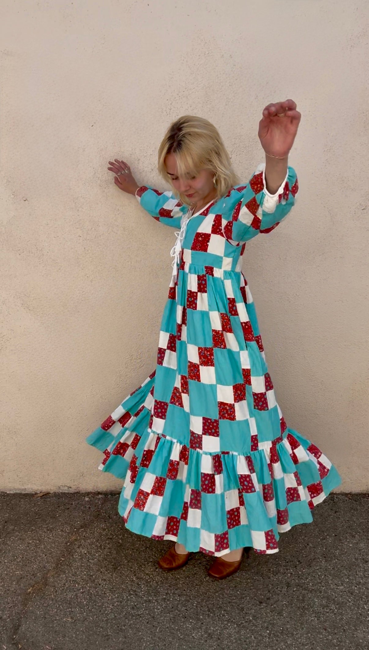 Farewell Francis Camilla Patchwork Dress - Aqua and Red - The Curatorial Dept.