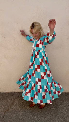 Farewell Francis Camilla Patchwork Dress - Aqua and Red