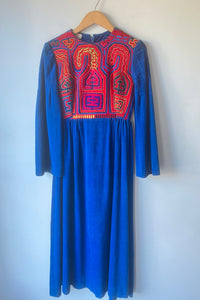 Vintage Handmade by Ann Elliott Blue Embroidered Corduroy Dress