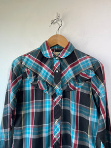 Vintage Ely Aqua Plaid Ruffle Western Shirt